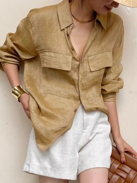 

Daily Plain Shirt Collar Casual Loose Blouse, As picture, Blouses and Shirts