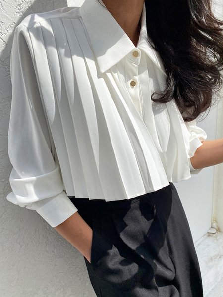 

Plain Loose Urban Shirt Collar Pleated Blouse, White, Blouses and Shirts