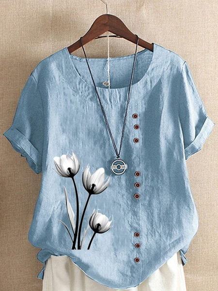 

Casual Floral Crew Neck Loose Blouse, Blue, Blouses & Shirts