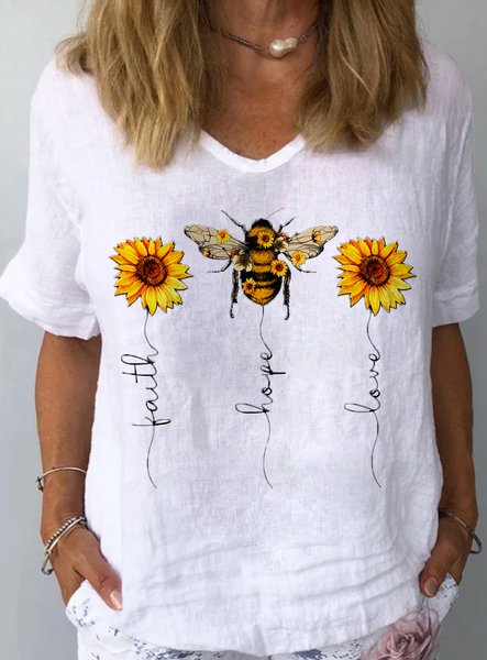 

Crew Neck Casual Sunflower Blouse, White, Blouses & Shirts