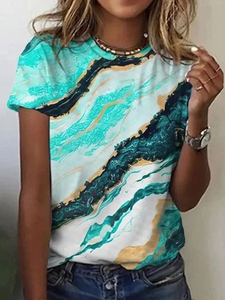 

Casual Abstract Crew Neck Short Sleeve T-shirt, Green, Blouses