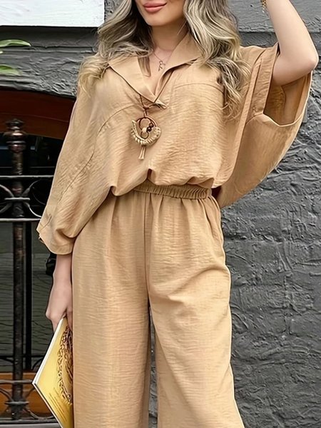 

Casual Plain Loose V Neck Shirt, Khaki, Blouses and Shirts