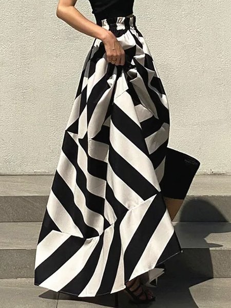 

High Waist Urban Loose Geometric Skirt, Black-white, Skirts