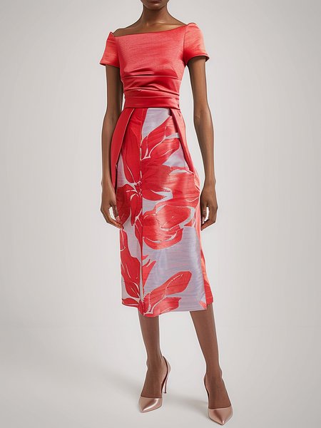 

Women's Short Sleeve Summer Floral Ruched Dress Asymmetrical Date Going Out Urban Midi H-Line, Red, Dresses