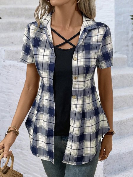 

Cross Neck Short Sleeve Color Block Regular Loose Shirt For Women, Blue, Blouses
