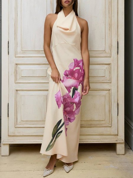 

Elegant Floral Halter Regular Fit Maxi Dress, As picture, Maxi Dresses