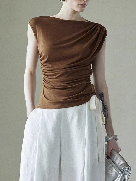 

Regular Fit Casual Boat Neck Plain T-Shirt, Coffee, Tees