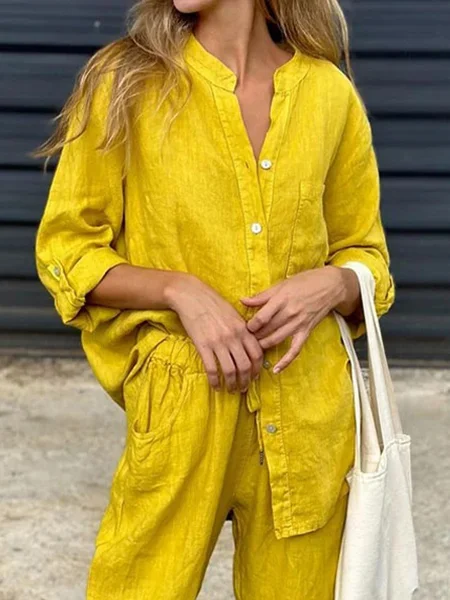 

Casual Daily Loose V Neck Plain Blouse, Yellow, Blouses and Shirts