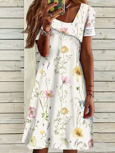 

Women Floral Asymmetrical Short Sleeve Comfy Casual Maxi Dress, White, Short