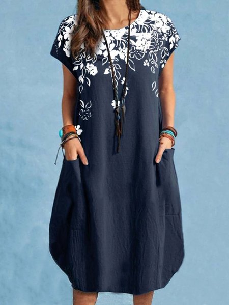 

Casual Floral Loose Dress With No, Blue, Midi Dresses