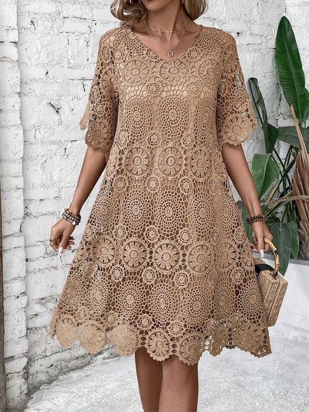 

Women Plain Crew Neck Short Sleeve Comfy Casual Lace Short Dress, Khaki, Dresses