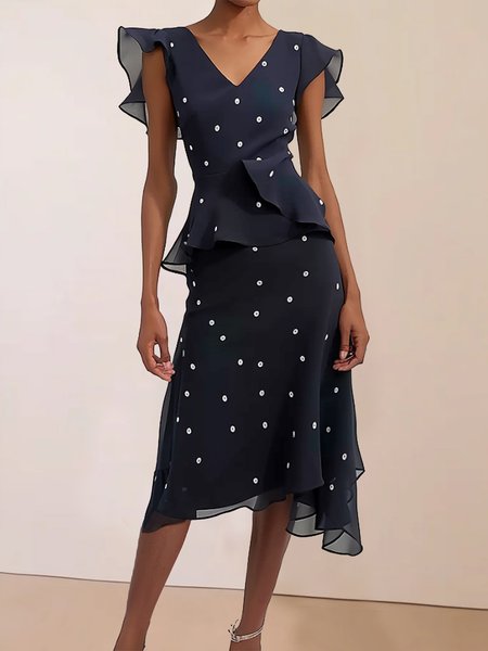 

Women's Short Sleeve Summer Polka Dots Peplum Dress V Neck Date Going Out Urban Midi X-Line Ruffle Skirt, Dark blue, Dresses