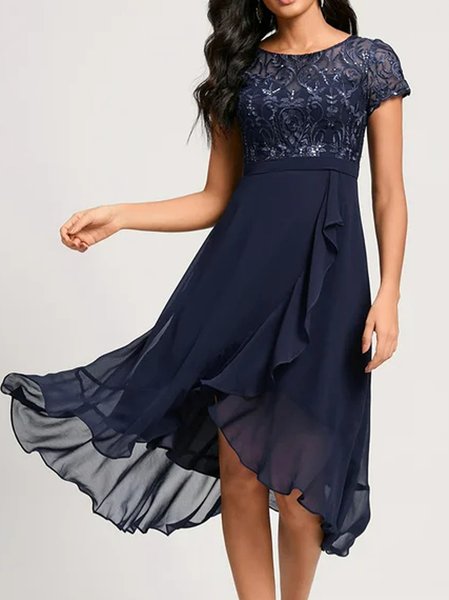 

Women Plain Crew Neck Short Sleeve Comfy Party Lace Midi Dress, Purplish blue, Dresses