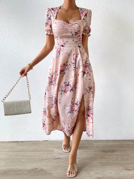 

Ruched Elegant Floral Puff Sleeve Dress, Pink, Dresses