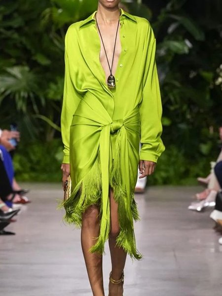 

Urban Satin Regular Fit Plain Long Sleeve Midi Dress, Green, Midi Dresses