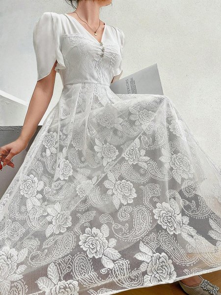 

Plain Lace V Neck Elegant Dress, White, Dresses