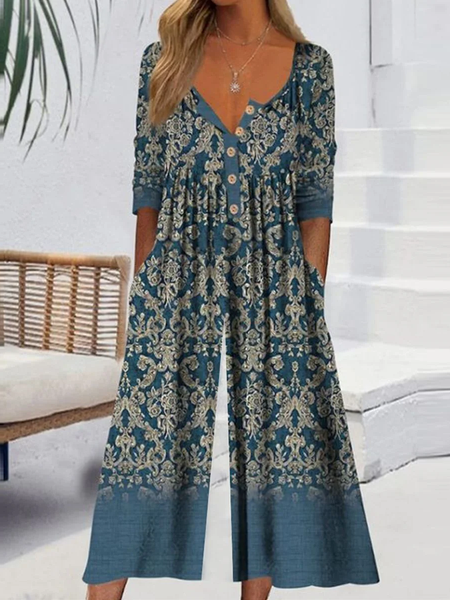 

Women's H-Line V Neck Daily Going Out Casual Ethnic Summer Long Jumpsuit/Romper, Blue, Jumpsuits＆Rompers