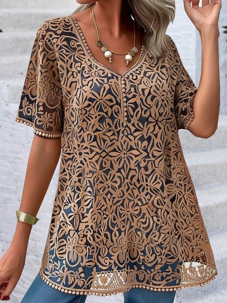 

V Neck Short Sleeve Plain Lace Regular Loose Shirt For Women, Khaki, Blouses