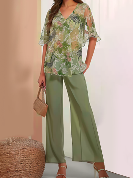 

Floral Elegant Loose V Neck Two-Piece Set, Green, Suit Set