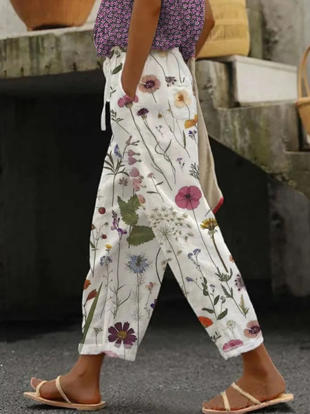 

Casual Floral Long Pant, White, Bottoms