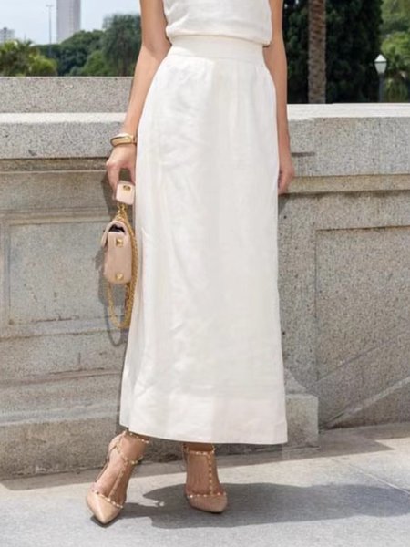 

Daily Plain High Waist Casual Skirt, White, Skirts