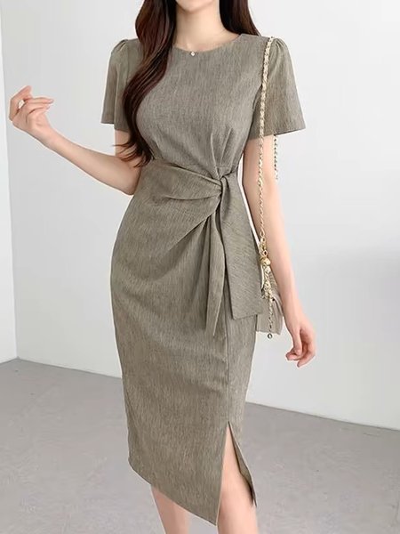 

Plain Short Sleeve Urban Regular Fit Midi Dress, As picture, Midi Dresses