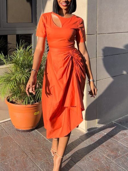 

Elegant Regular Fit Plain Short Sleeve Midi Dress, Orange, Midi Dresses
