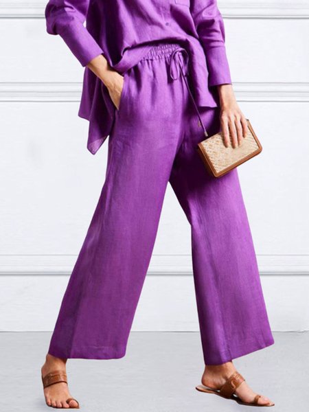 

Plain Casual Fashion Wide leg Linen Pants, Purple, Pants