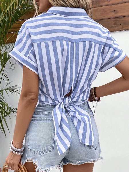 

Shirt Collar Short Sleeve Floral Regular Loose Blouse For Women, Blue, Shirts