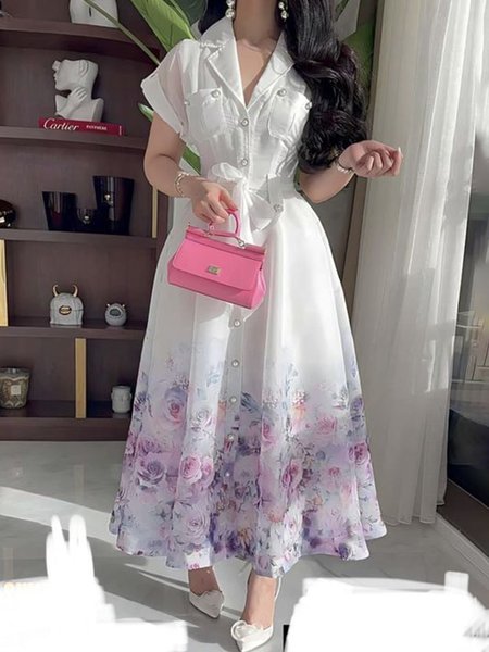 

Shawl Collar Regular Fit Floral Elegant Dress With Belt, White, Maxi Dresses