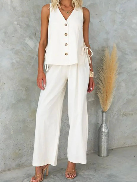 

Women Plain V Neck Sleeveless Comfy Casual Top With Pants Two-Piece Set, White, Sets
