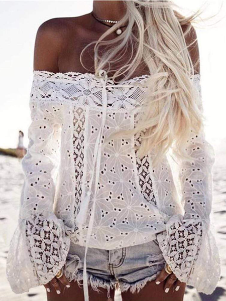 

Women's Long Sleeve Blouse Spring/Fall Plain Split Joint Cotton Cold Shoulder Bell Sleeve Daily Going Out Boho Top, White, Shirts