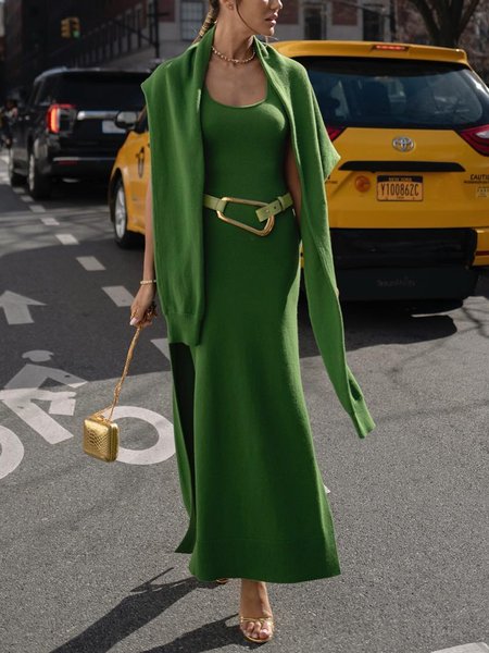 

Tight Elegant Plain Sweater Midi Dress, Green, Midi Dresses