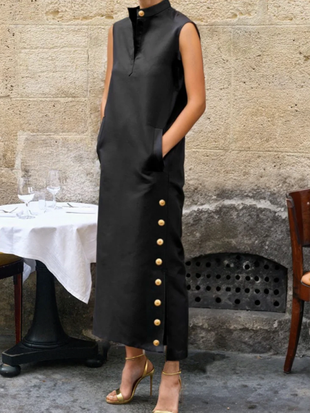 

Stand Collar Sleeveless Plain Urban Loose Maxi Dress, Black, Maxi Dresses