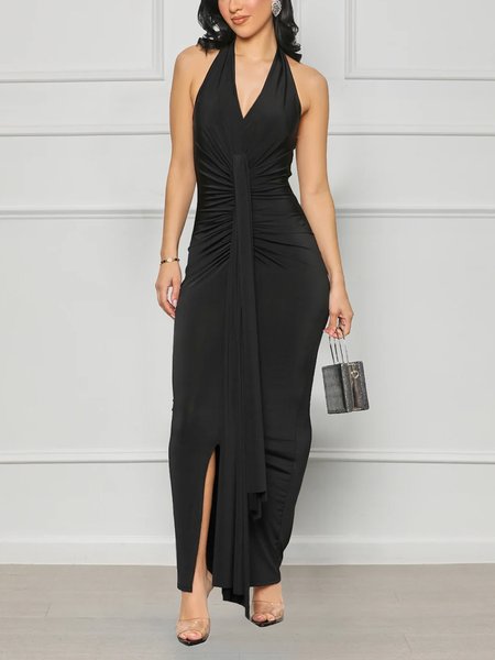 

Sleeveless Plain Tight Elegant V Neck Maxi Dress, Black, Maxi Dresses