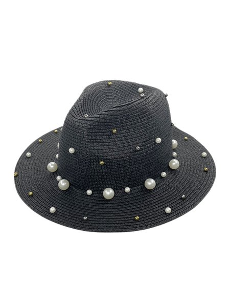 

Imitation Pearl Beaded Straw Hat, Black, Hats