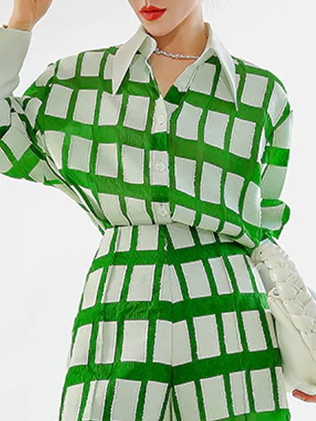 

Regular Fit Urban Shirt Collar Geometric Long Sleeve Blouse, Green, Blouses and Shirts