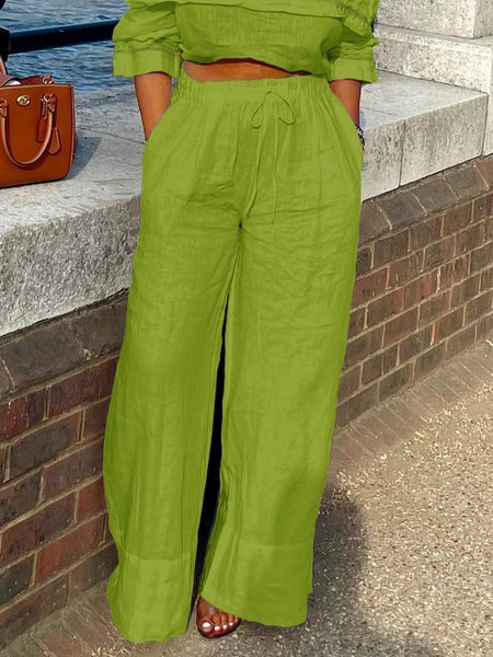 

Vacation Plain Loose Long Wide leg Pants, Green, Pants