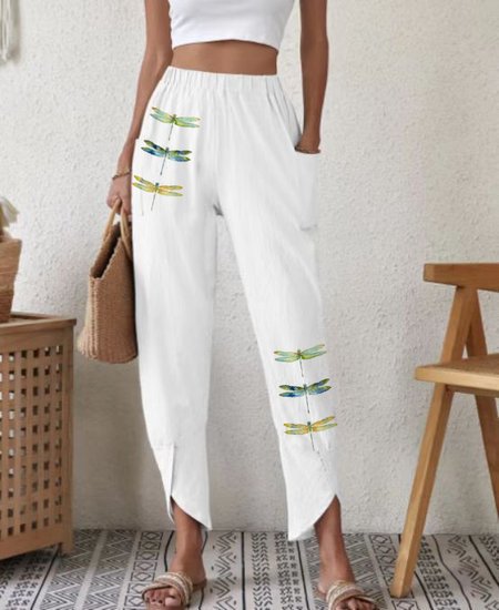 

Loose Cotton Casual Dragonfly Pants, White, Pants
