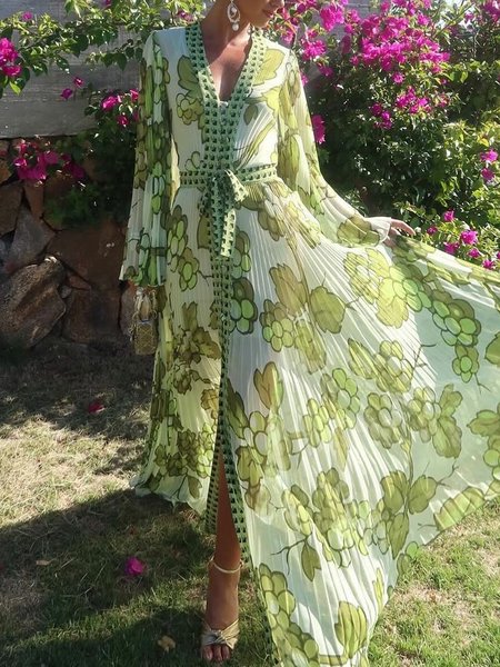 

Floral Vacation Regular Fit Long Sleeve Maxi Dress With Belt, Green, Maxi Dresses