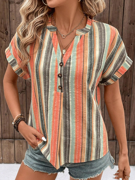 

Notched Short Sleeve Striped Regular Loose Shirt For Women, Multicolor, Blouses
