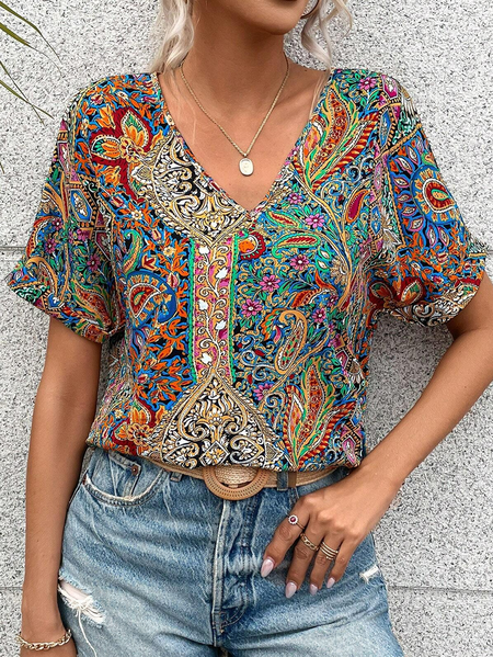 

V Neck Short Sleeve Ethnic Regular Loose Shirt For Women, Multicolor, Blouses