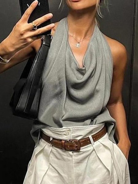 

Urban Plain Halter Tank Top, Gray, Tanks and Camis