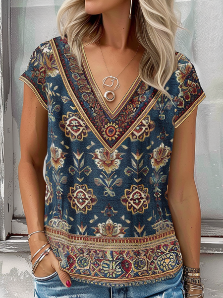 

V Neck Short Sleeve Ethnic Regular Micro-Elasticity Loose Shirt For Women, Purplish blue, Blouses