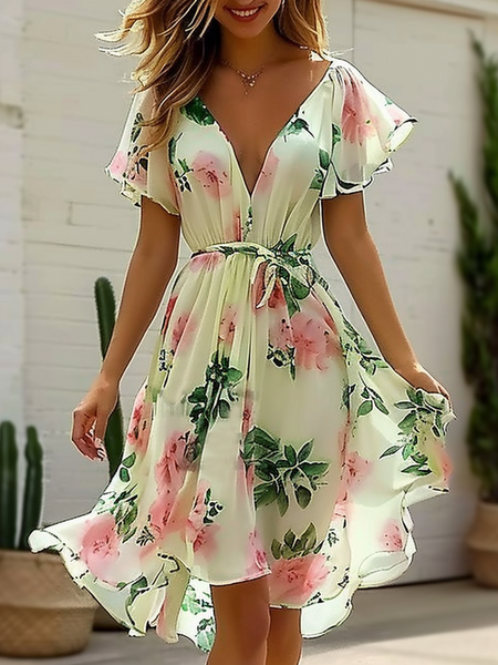

Women Floral V Neck Short Sleeve Comfy Casual Short Dress, Multicolor, Dresses