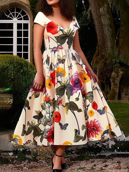 

Floral Elegant V Neck Regular Fit Dress, As picture, Maxi Dresses