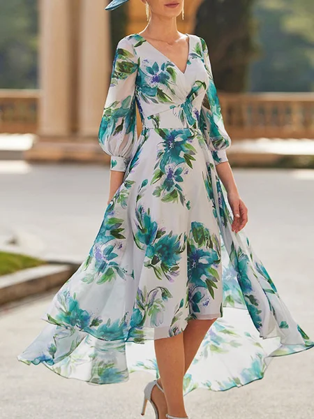 

Elegant Floral Regular Fit V Neck Maxi Dress, White, Maxi Dresses