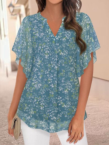 

Casual V Neck Floral Loose Blouse, Blue, Shirts & Blouses