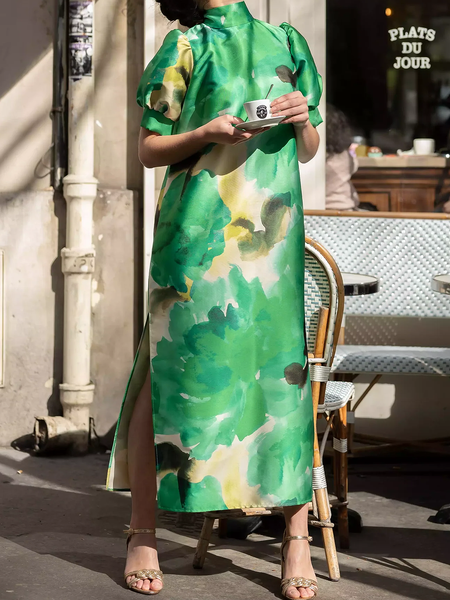

Stand Collar Short Sleeve Abstract Urban Loose Maxi Dress, Green, Maxi Dresses
