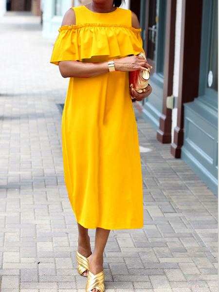 

Loose Plain Urban Crew Neck Cap Sleeve Midi Dress, Yellow, Midi Dresses